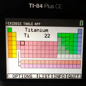 Color display of the TI-84 Plus CE showing the periodic table app with element Titanium highlighted