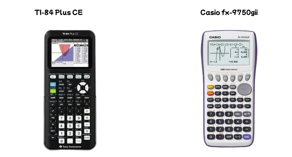 Side-by-side comparison of TI-84 Plus CE and Casio FX-9750GII graphing calculators showing display and keypad differences